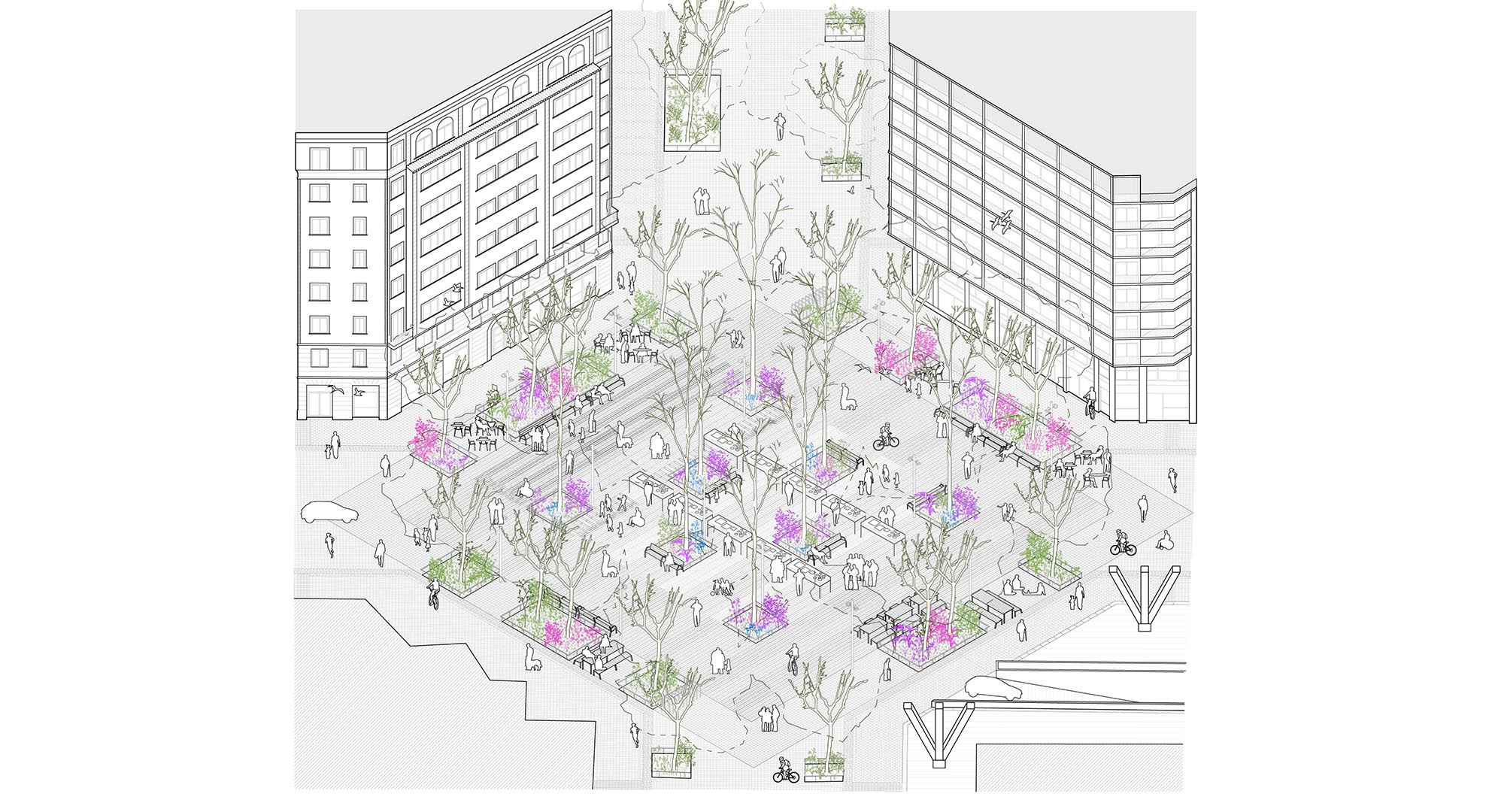 Architectural illustration of a public square with trees and furniture in urban design