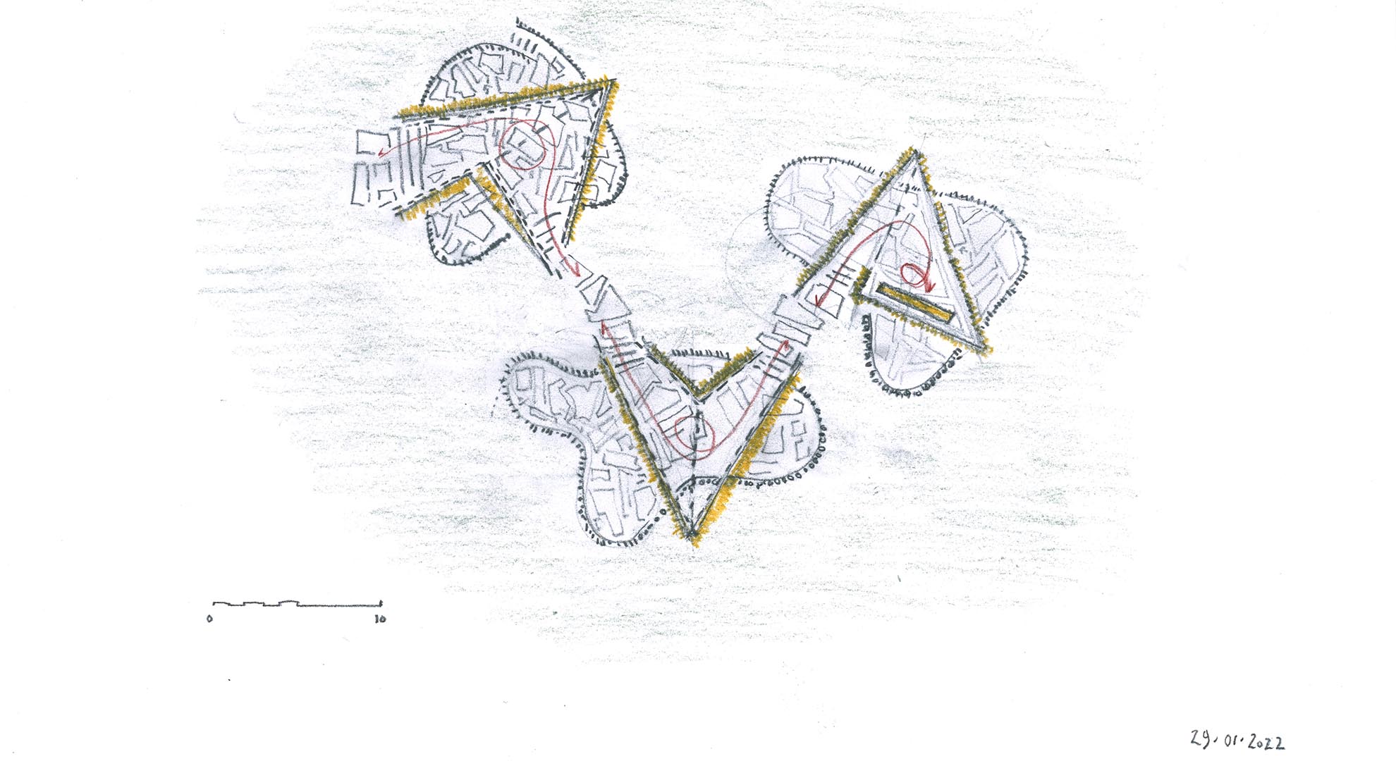 Boceto a color del diseño arquitectónico para la construcción de “Rambling Houses”.