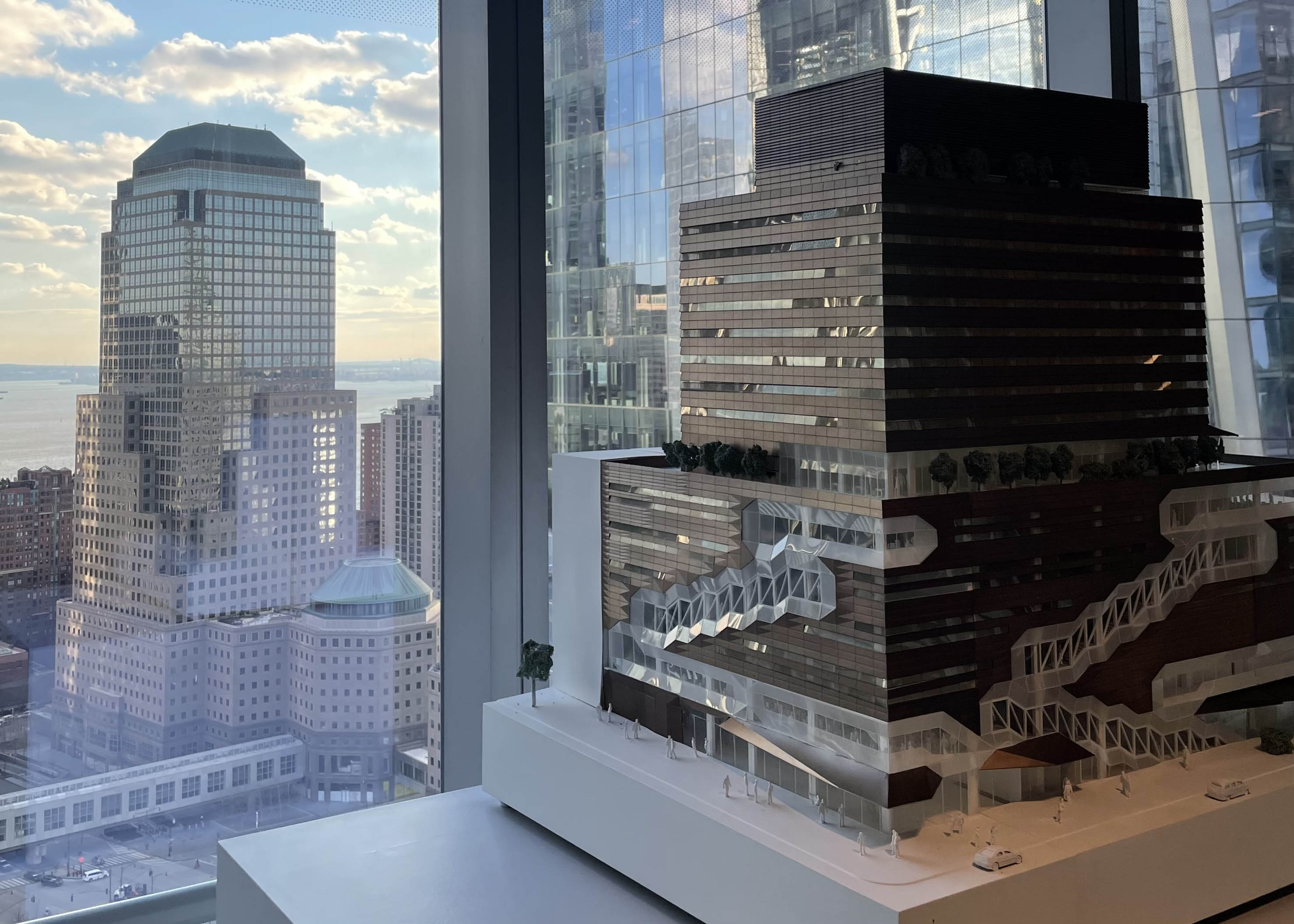 Architectural design model of a modern building with the World Financial Center in the background, New York.
