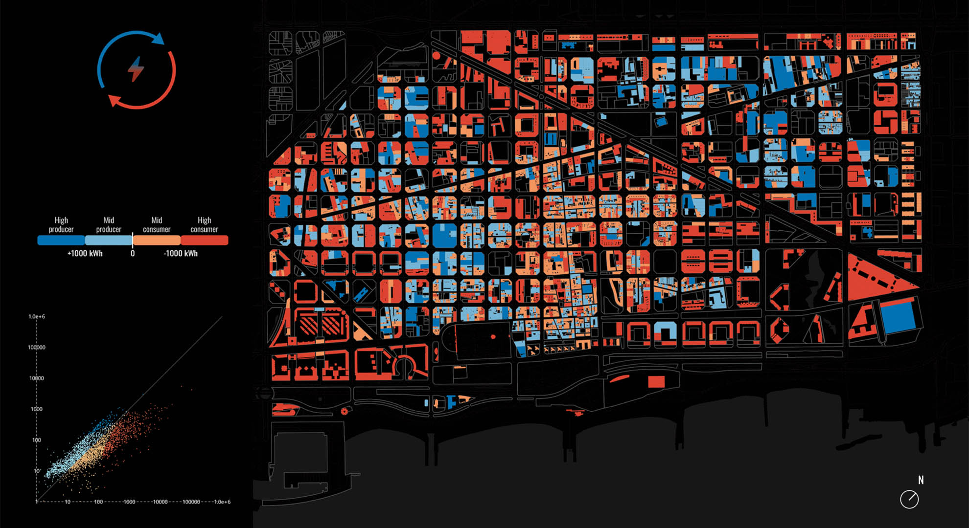 Energy consumption and production map for the Flatten the Curve project, using AI to optimize urban energy balance.