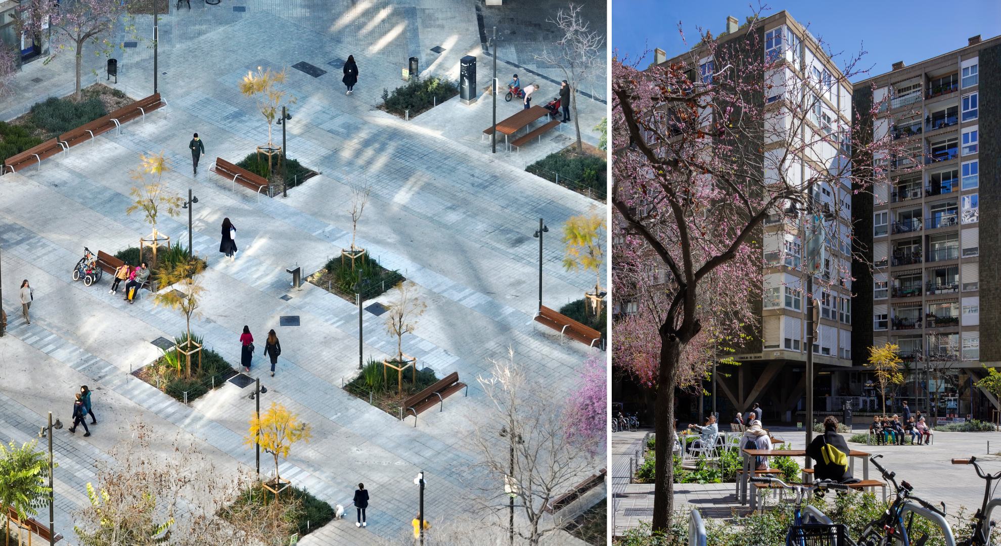 Pedestrian square with benches, trees and resting areas in modern urban design