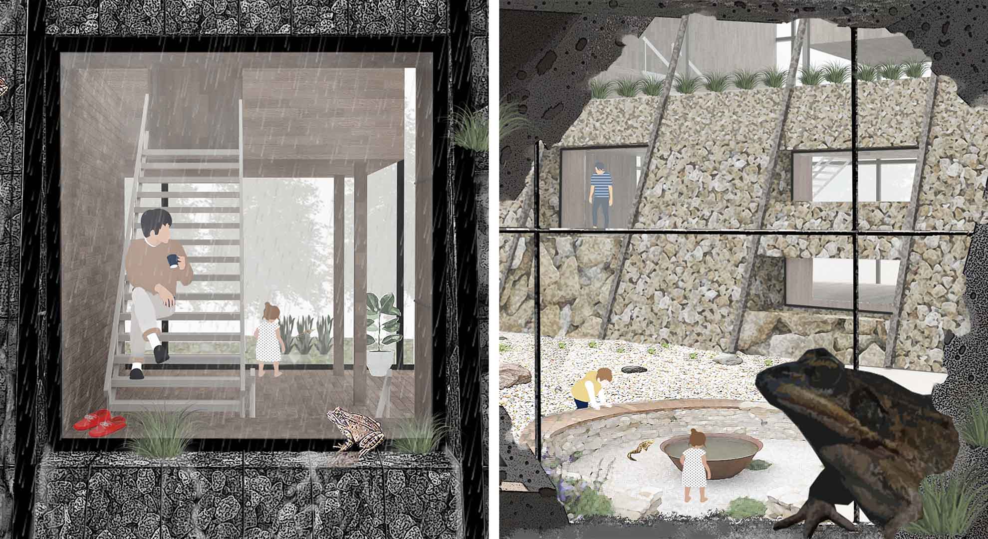 Load-bearing walls with porous habitats to aid species cohabitation.