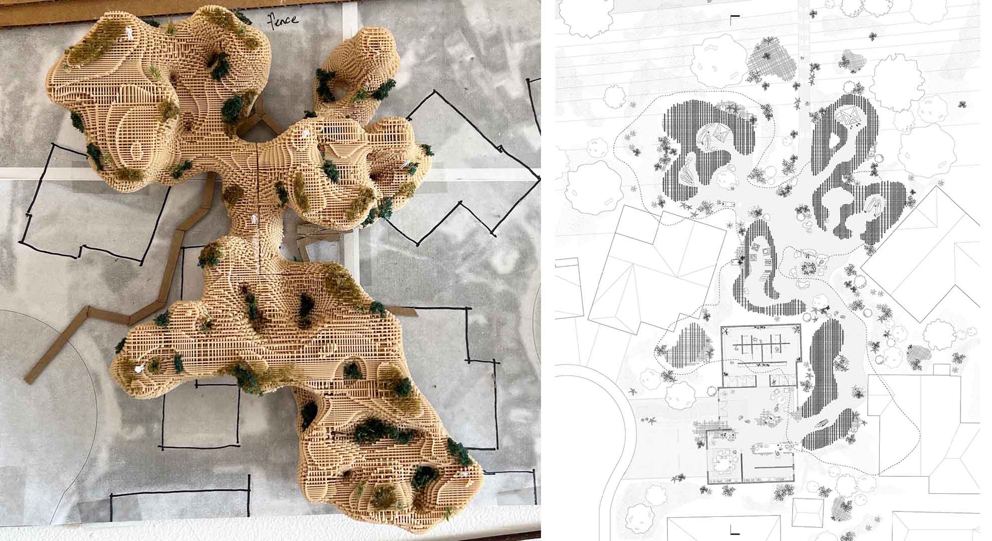 A wooden structure that provides cohabitation spaces for humans and owls.