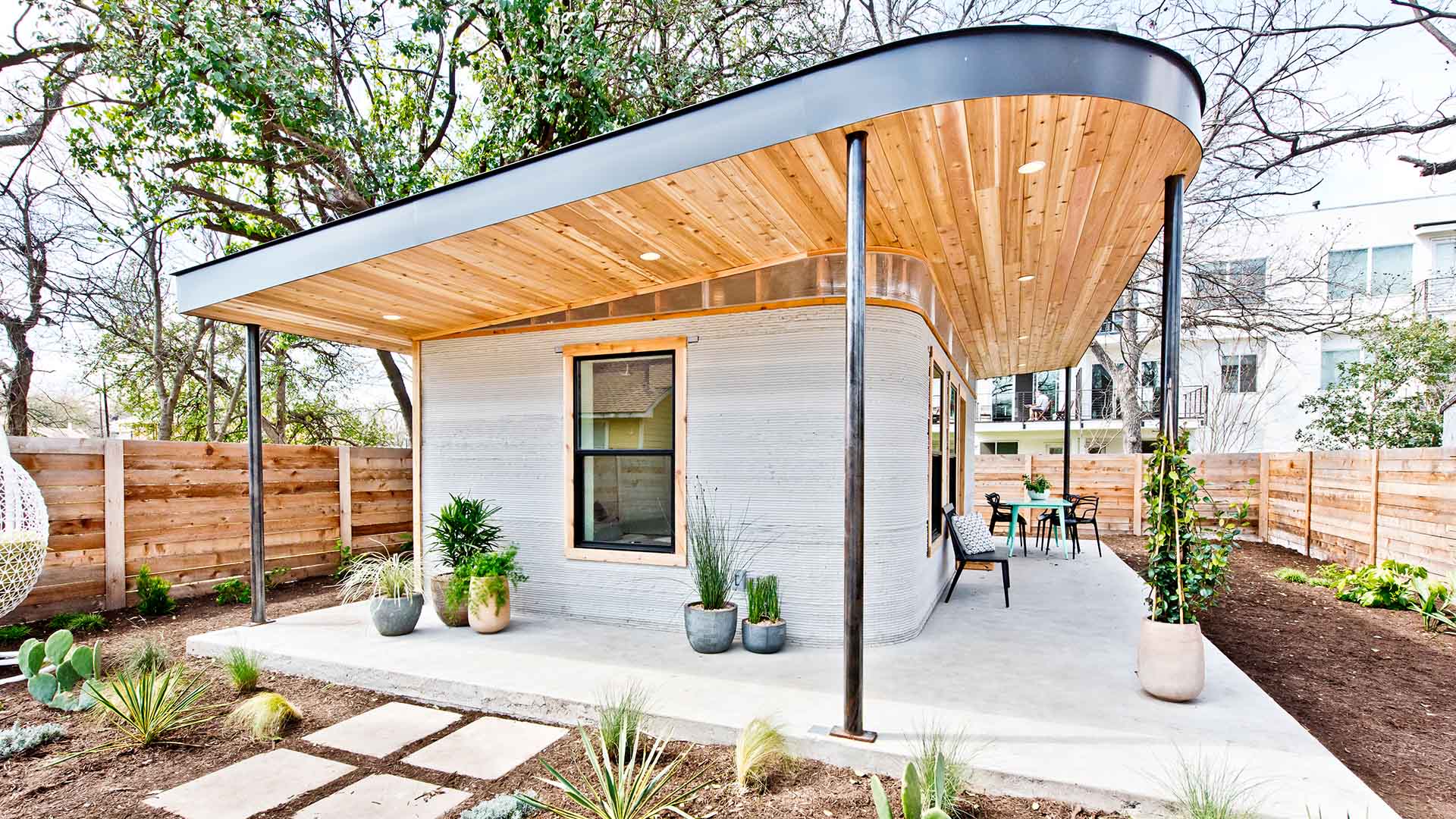 PROTOTIPO DE LA PRIMERA VIVIENDA AUTORIZADA EN NORTEAMÉRICA PARA SER IMPRESA EN 3D, EN AUSTIN (TEXAS), CONSTRUIDA POR ICON. FOTO CORTESÍA DE ICON