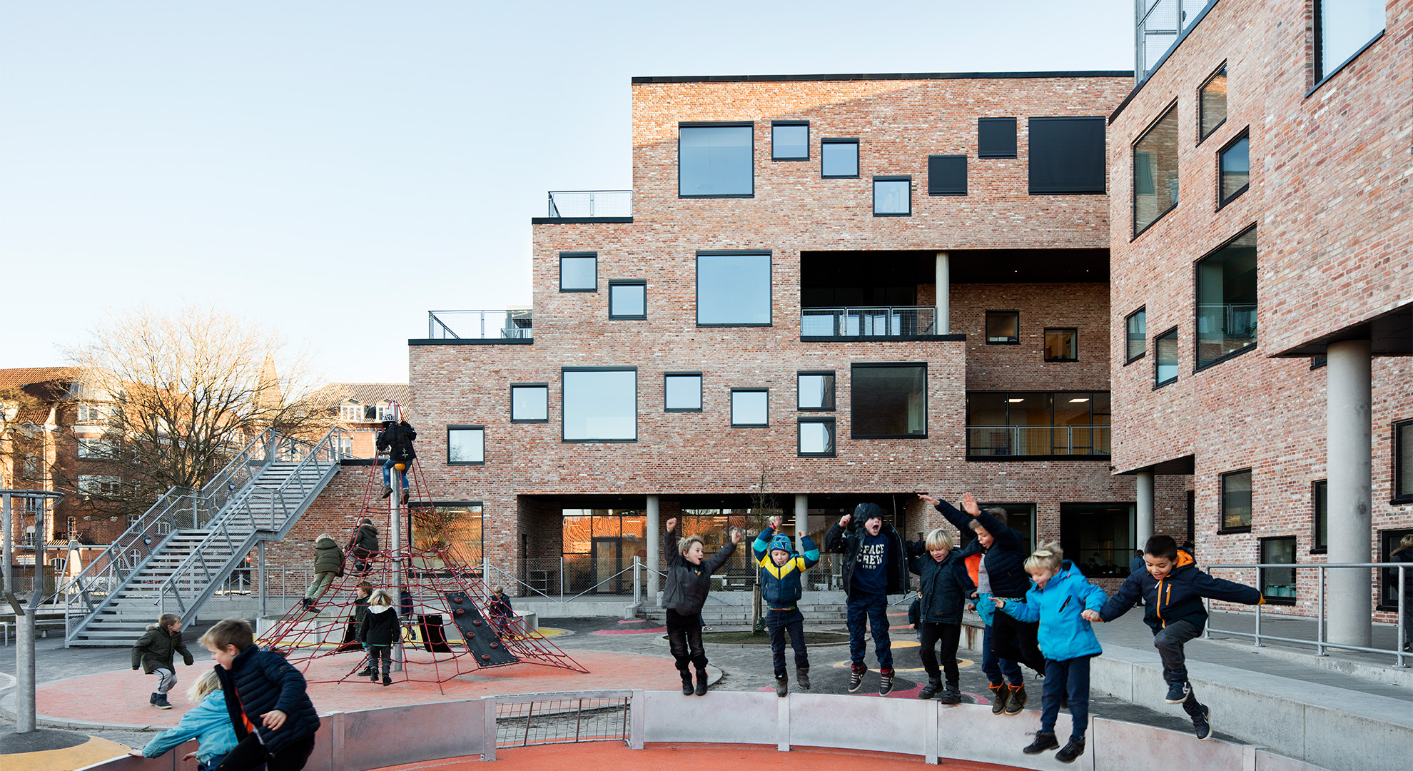 Brick is the exclusive material used on this façade of a Danish school.