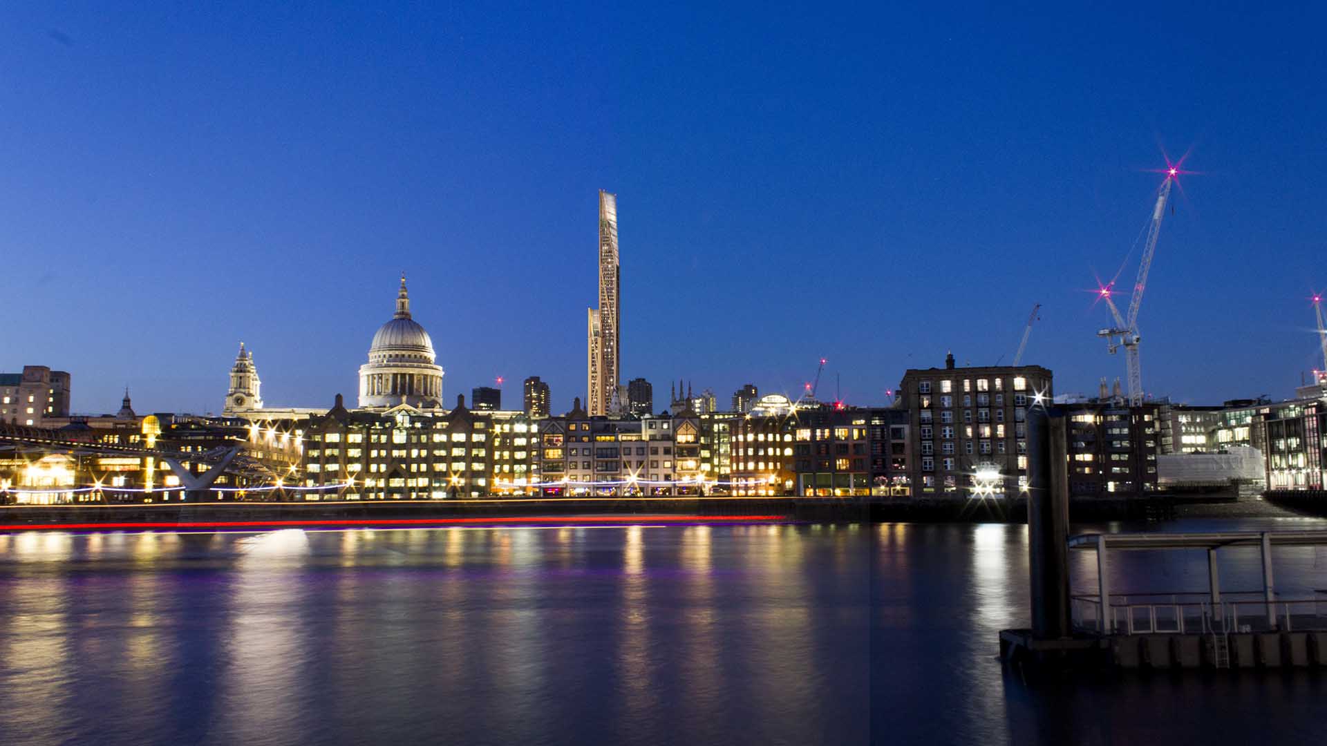 Oakwood Tower view from the Thames river by night. Photo courtesy of PLP Architecture
