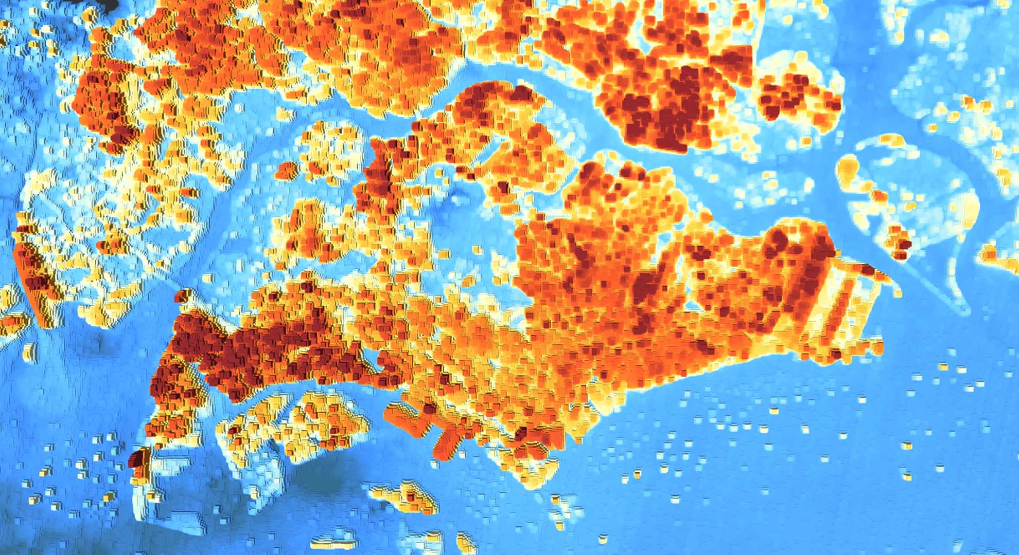 Land surface temperature map of Singapore (24 May 2018) illustrating the Urban Heat Island effect. Image © Conrad Philipp, Chao Ren and Sailin Zhong, Cooling Singapore, CIVAL at Singapore-ETH Centre, Source: NASA 2018