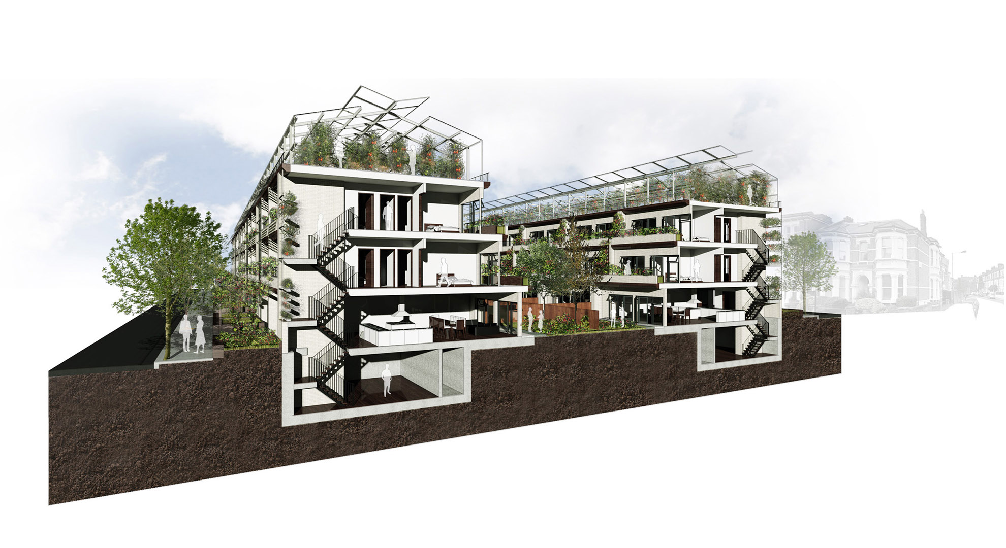 Terraced housing with aggregated commercial Rooftop Greenhouse operation